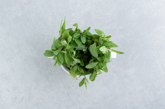 A cup of organic mint , on the marble.