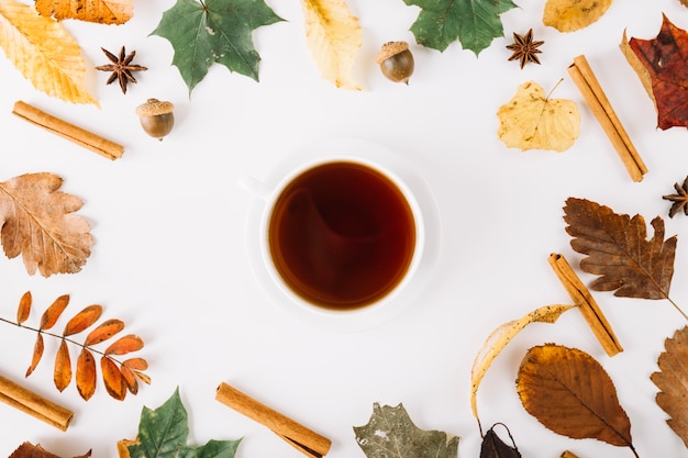 Cup of tea with leaves around