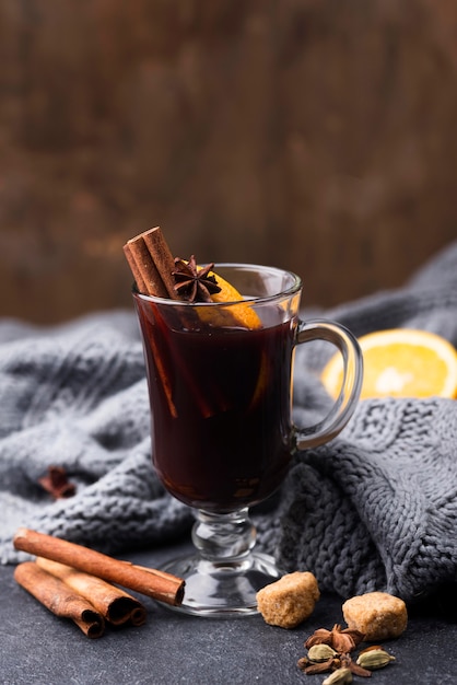 Cup of tea with lemon and cinnamon