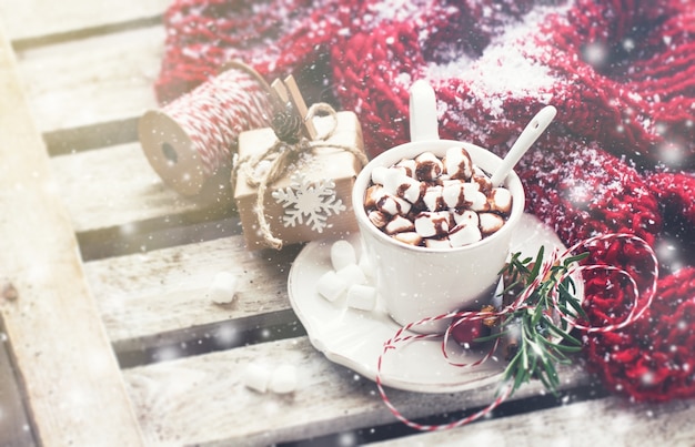 Cup with chocolate and marshmallows