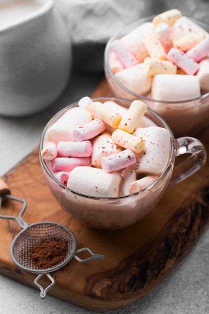 Cup with hot marshmallow drinks