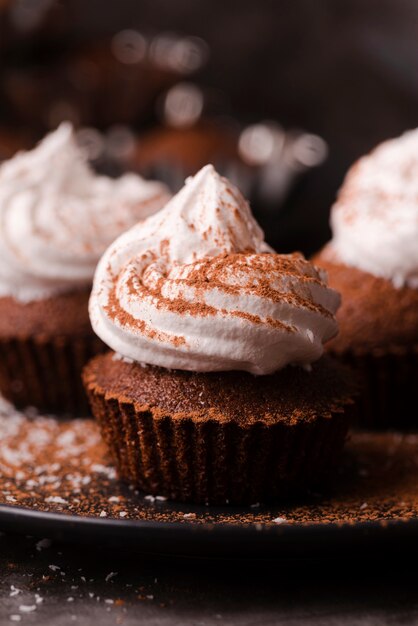 Cupcake with icing and cocoa powder