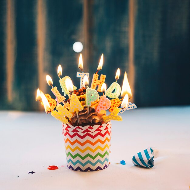 Cupcake with lighting Happy Birthday candles