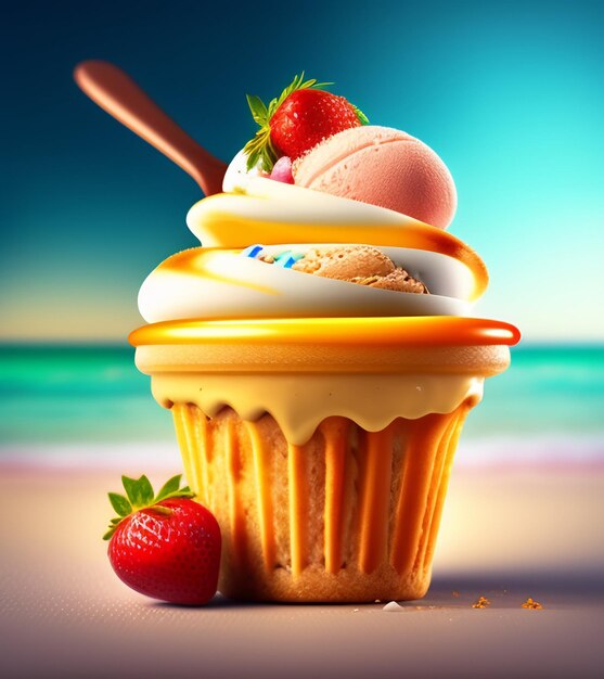 A cupcake with a strawberry on top and a strawberry on the top.