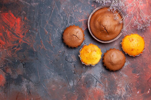 cupcakes chocolate cake and four different cupcakes on the blue-red table