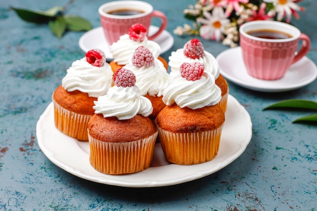 Cupcakes decorated whipped cream and frozen raspberries.