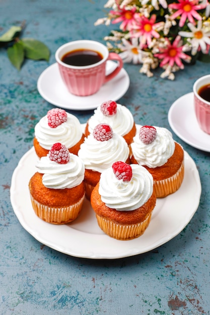 Cupcakes decorated whipped cream and frozen raspberries.