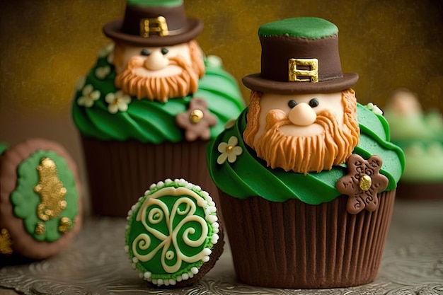 Free photo cupcakes with green icing and a green hat on top are decorated with a clover.