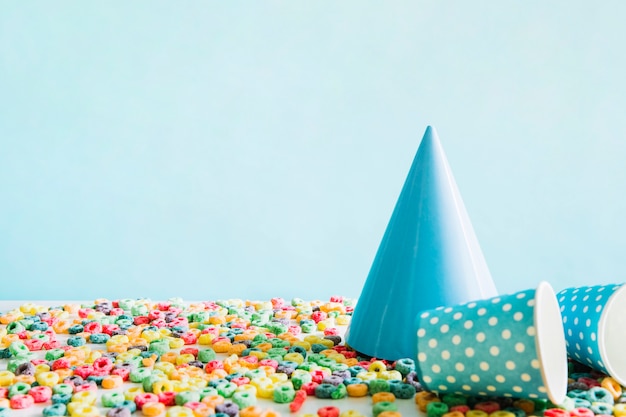 Cups and hat on cereal loops