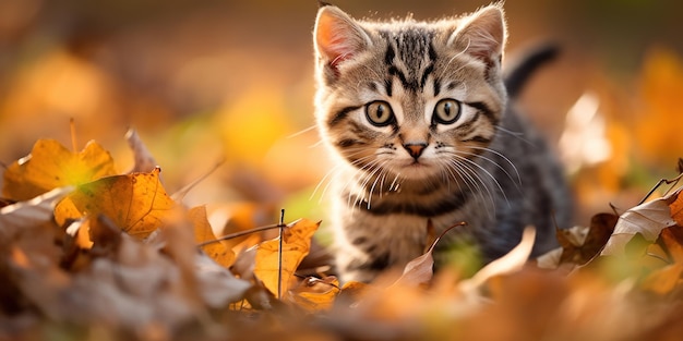 Free photo a curious kitten playing in autumn leaves