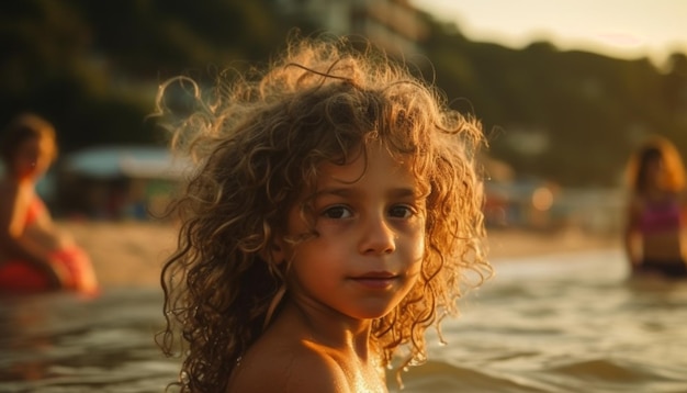 Curly haired child enjoys playful summer vacation fun generated by AI