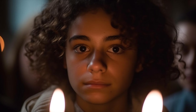 Free photo curly haired child smiles holding candle flame generated by ai