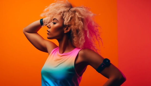 Free photo curly haired fashion model dances among multi colored nightclub lights generated by ai