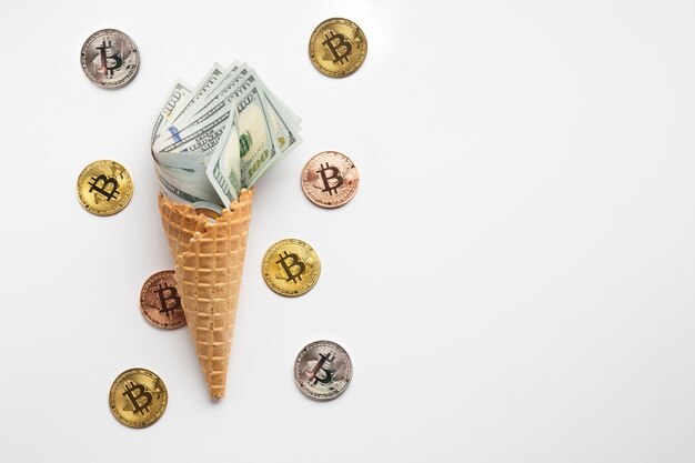 Currency ice cream with bitcoin