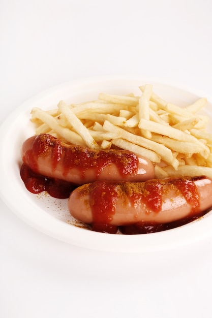 Curry wurst with sauce and french fries