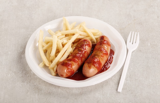 Curry wurst with sauce and french fries