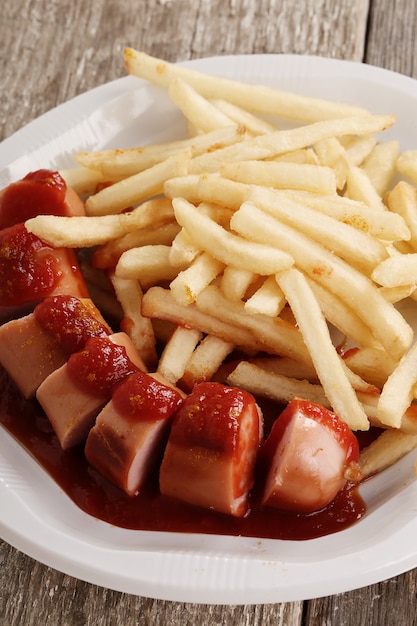 Curry wurst with sauce and french fries