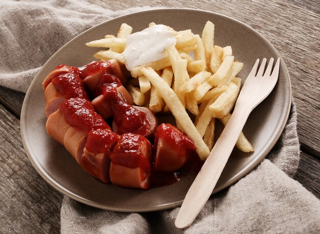 Curry wurst with sauce and french fries