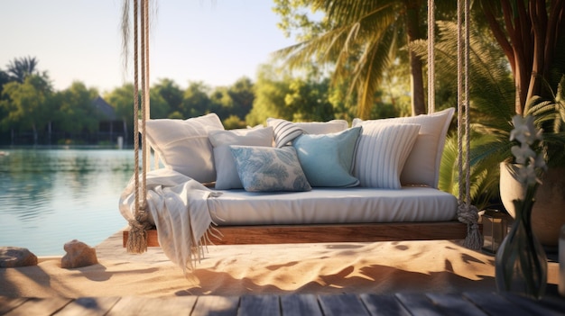 Free photo cushions rest on swing bed by tranquil pool beckoning leisure