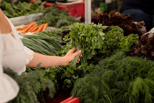 customer holding parsley leaves