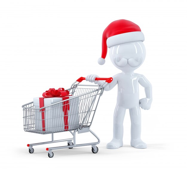 ショッピングカートとクリスマスプレゼント付きのかわいい3Dサンタ