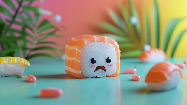 Foto gratuita sushi 3d carino con la faccia