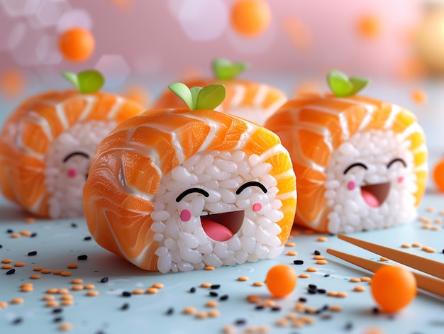 Foto gratuita sushi 3d carino con la faccia