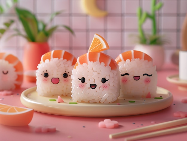 Foto gratuita sushi 3d carino con la faccia