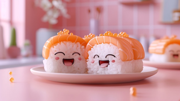 Free photo cute 3d sushi with face