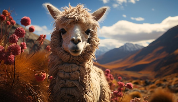 Simpatici alpaca che pascolano su un prato di montagna godendosi l'estate generata dall'intelligenza artificiale