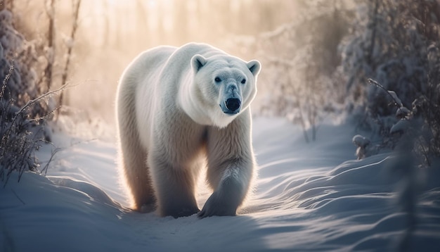 눈 생성 AI에서 카메라를 보고 있는 귀여운 북극 포유동물