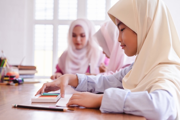 Premium Photo Cute Asian Muslim Girls Painting And Drawing In Classroom