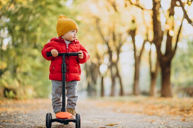 Cute baby boy on scooter in autumnal park