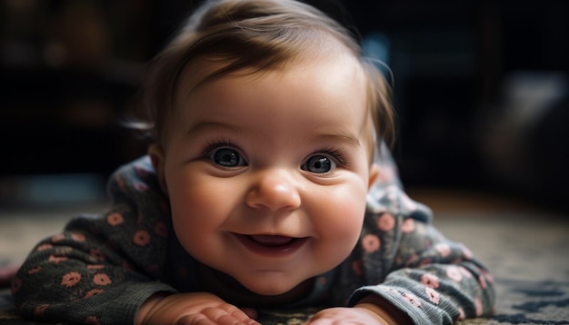 Free photo cute baby boy smiling in close up portrait generated by ai