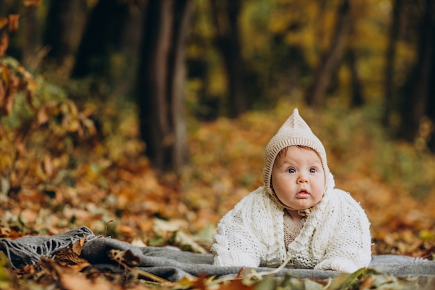 Cute baby girl lying on blanket in autumnal forest