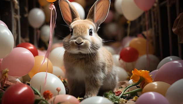 Foto gratuita un bambino coniglio carino celebra con palloncini colorati all'interno generati dall'intelligenza artificiale