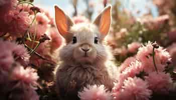 無料写真 人工知能によって生成された花に囲まれた草の中に座っているかわいい赤ちゃんウサギ