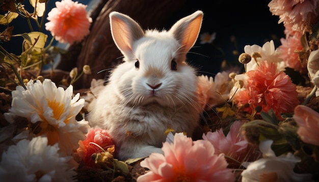 無料写真 人工知能によって生成された花に囲まれた草の上に座っているかわいい赤ちゃんウサギ