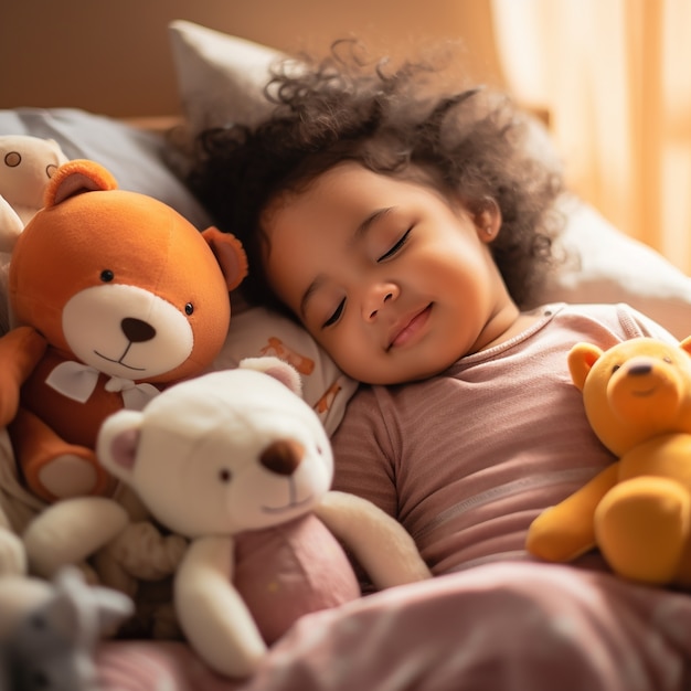 Cute baby sleeping with toys