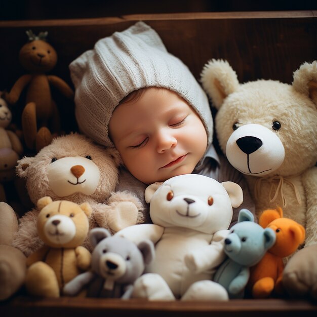 Cute baby sleeping with toys