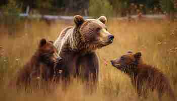 Бесплатное фото Милый медвежонок гуляет по зеленому лугу, сгенерированному ии