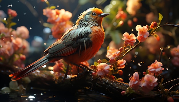 人工知能によって生み出された鮮やかな花に囲まれた枝に座っている可愛い鳥