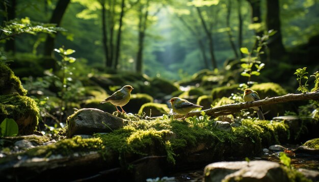 A cute bird perching on a branch in a tropical forest generated by artificial intelligence