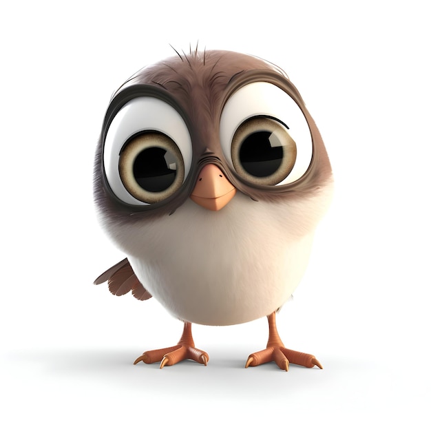 Cute bird with big eyes isolated on white background. 3d illustration