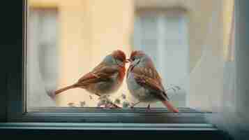 Free photo cute birds standing next to each other and showing affection