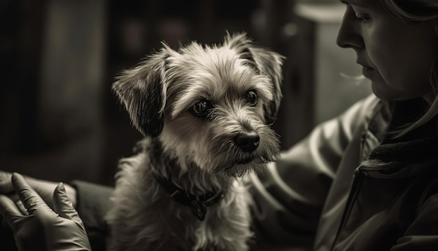 Бесплатное фото Милый черно-белый портрет щенка терьера, генеративный ai