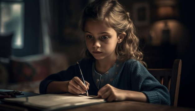 Cute blond girl sitting at table drawing generated by AI