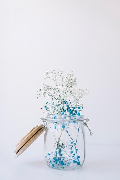 Cute blue flowers in glass