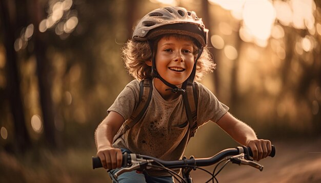 Симпатичный мальчик любит кататься на велосипеде по красоте природы, созданной искусственным интеллектом