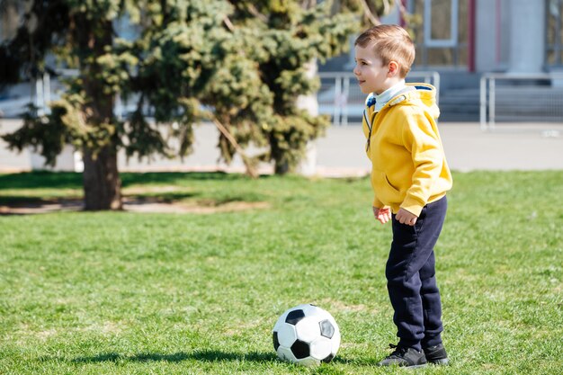 かわいい男の子が公園でサッカーをプレイ